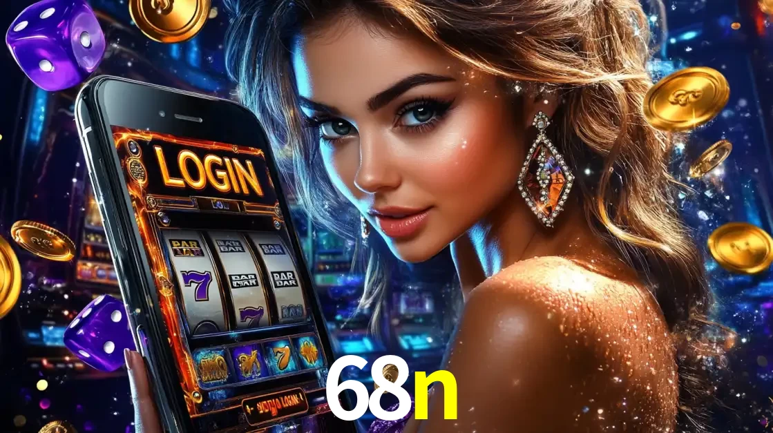 Mulher glamorosa segurando um smartphone com a tela de login para os jogos de caça-níqueis do cassino online 68n, com moedas de ouro e dados ao redor.