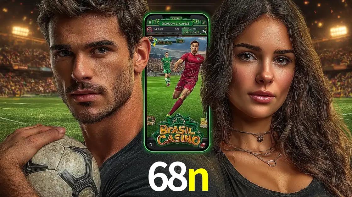 Homem segurando uma bola de futebol e uma mulher ao lado de um smartphone exibindo o jogo de apostas esportivas da 68n. Faça seu palpite no cassino online.